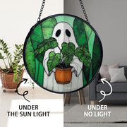 TNUW Halloween Ghost Plant Stained Glass Window Hanging, Ghost Halloween Sun Catchers Indoor Window Glass Round Wall Art Decor, Gifts for Plant Lovers Wall Hanging Decorations, 7.9＂x7.9＂