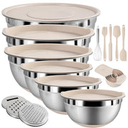 Mixing Bowls with Airtight Lids Set, Non-Slip Silicone Bottoms, Khaki | Stainless Steel 6 Bowls(4.5QT,4QT,3.5QT,2.1QT,1.5QT,1.1QT), 3 Grater Attachments for Baking Serving