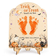 Baby's First Halloween Sign - Trick or Treat Smell My Feet Sign | DIY Footprint Keepsake Wood Craft Kit for Baby Boy & Girl, Babies 1st Halloween Sign, Stand Included, 9.25 x 7.75 in
