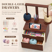 GloTika Wooden Yarn Holder with Double Drawer and 2 Magnetic Spindles | Handcrafted, Tangle-Free Spinning, Anti-Slip Weighted Base, Phone Stand, Easy Assembly, Gift for Knitters, Solid Build