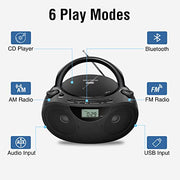Nextron Portable CD Player Boombox with Bluetooth, AM/FM Radio & USB | CD-R/RW, MP3-CD & USB Playback, Stereo Sound, Bass Boost, AUX Input, Headphone Jack, LCD Display, AC/Battery Powered - Black