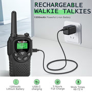 Walkie Talkies Long Range for Adults, Rechargeable FRS Two-Way Radio, 2Pack | NOAA weather alert. 1200mAh Li‑ion battery supports USB‑C charging. LED flashlight and VOX hands‑free function for Outdoors.