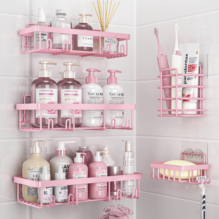 Liuoud 5 Pack Shower Caddy for Inside Shower, Pink Bathroom Decor Set | Large Rustproof Stainless Steel Organizer with Strong Adhesive, No Drilling Wall Shelves, Cute Girly Bathroom Accessories