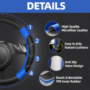 NBTEPEM 6 Pcs Blue Steering Wheel Cover Set, Sport Microfiber Leather Steering Wheel Cover 14.5-15inch Universal, Car Center Console Cover, Seat Belt Cushion, Cup Coasters, Blue Car Accessories Set