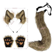 HAOAN Faux Fur Wolf Ears Headband Fox Tail and Paw Gloves Set Cosplay Halloween Costume Accessories