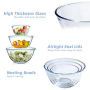WhiteRhino Glass Mixing Bowls Glass Bowls with Lids Set(4.5QT,2.7QT, 1.1QT),Large Salad Bowls,glass mixing bowl Space-Saving Nesting Storage bowls for Cooking,Baking,Prepping,Dishwasher Safe