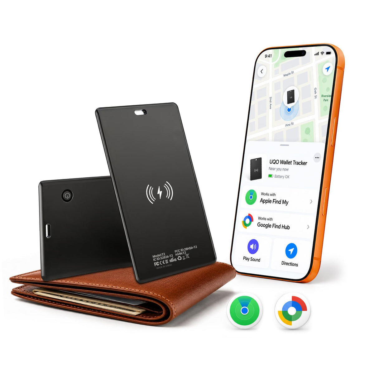 UQO Wallet Tracker Card, Works with Apple Find My or Google Find Hub | MFi certified. Works with Android. Qi charging. 85dB+ sound. Separation alerts. Wallet & passport fit. Great gift idea.