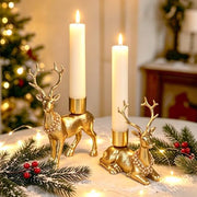 FORUP Reindeer Christmas Candle Holders, Set of 2 Deer Deer Taper Candle Holders with Floral Wreath, Rustic Pedestal Centerpieces for Christmas Fireplace Mantle Dining Table, Holiday Farmhouse Décor