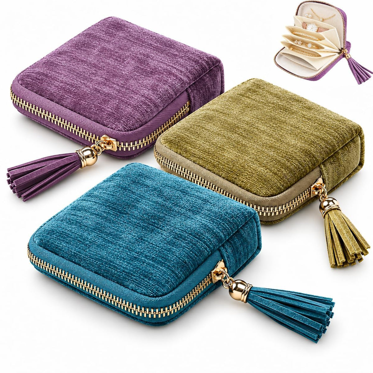 3-Pack 2027 New Model Jewelry Zipper Pouch, Travel Jewelry Organizer | 3-Piece Set Soft Velvet Jewelry Case, 6 Individual Pockets, Anti Tangling & Scratching,Travel & Gift Use