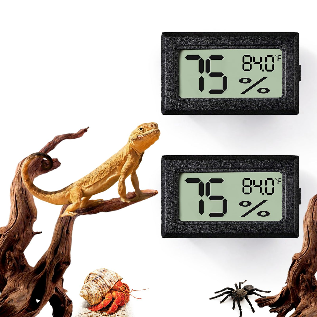 BSRESIN 2 PCS Rectangle Reptile Thermometer and Humidity Gauge for Bearded Dragon Accessories, Reptile Tank Accessories for Jumping Spider, Leopard Gecko, Hermit Crab, Gecko, Ball Python, Lizard