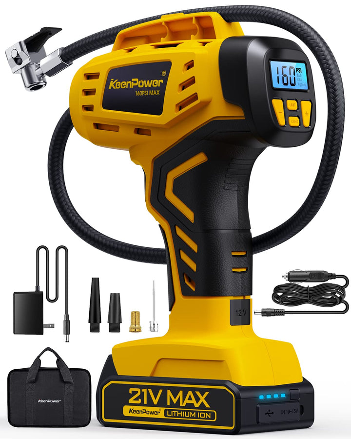 KeenPower Tire Inflator Portable Air Compressor 21V Battery Powered 160PSI | 5X Faster Inflation, Dual Power Supply, Auto Shut-Off, Digital Pressure Gauge, Air Pump for Car Motorcycle E-Bike Balls Gift