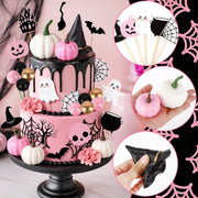 30Pcs Happy Halloween Cake Toppers & Cupcake Toppers for Birthday Party | Pink Halloween Cake Decorations Set with Mini Pumpkins, Witch Hat, Cauldron, Ghost, Flowers and Trees