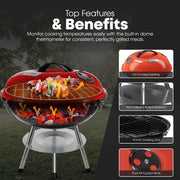 GasOne 14-inch Portable Charcoal Barbecue Grill with Thermometer – Red | 3-Point Locking Lid for Heat Preservation – Dual Venting System – Small Charcoal Grill for Backyard, Camping, Boat