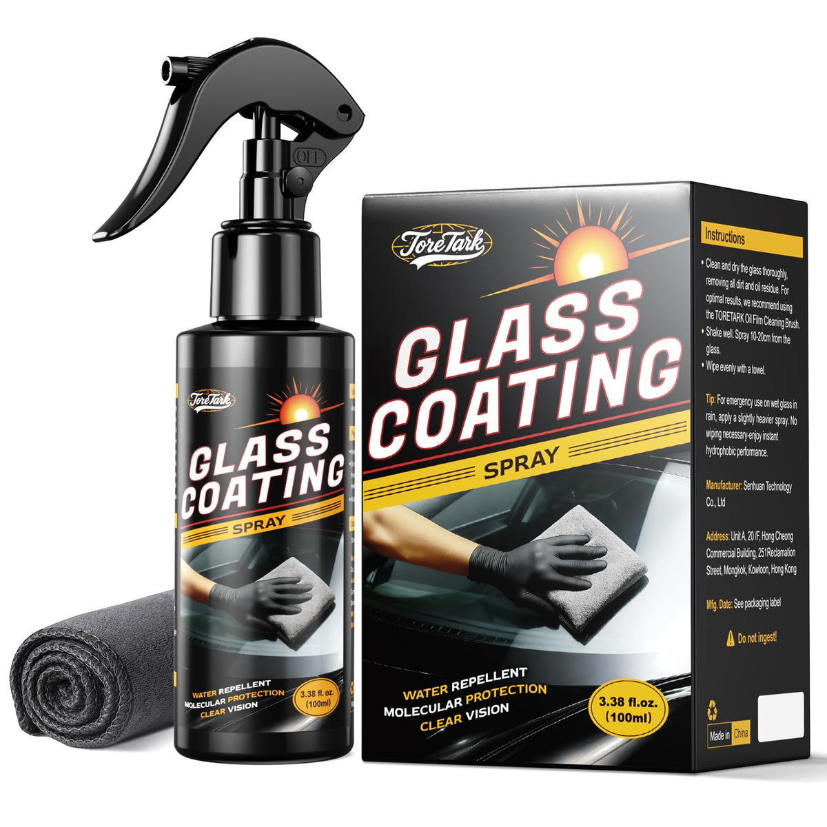 Toretark Car Ceramic Glass Coating Spray,Automotive Windshield Rain Repellent Glass Polish Protect, Long-Lasting Quick Dry Coat (3.38 fl oz +Towel)