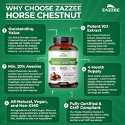 Zazzee Extra Strength Horse Chestnut 10:1 Extract, 20% Aescins, Vegan | 120 Capsules, 4 Month Supply, Aesculus Hippocastanum, Healthy Circulation & Blood Flow Support, Non-GMO, Made in the USA