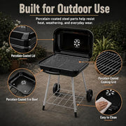 17.5-Inch Charcoal Kettle Grill with Wheels, 302 Sq In Grate | Porcelain-coated steel bowl, lid and grid with adjustable air dampers, rear wheels and bottom shelf for patio or tailgating.