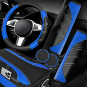 NBTEPEM 6 Pcs Blue Steering Wheel Cover Set, Sport Microfiber Leather Steering Wheel Cover 14.5-15inch Universal, Car Center Console Cover, Seat Belt Cushion, Cup Coasters, Blue Car Accessories Set