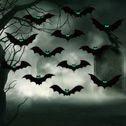 12Pcs Large Halloween Hanging Bats Decorations Outdoor, Flying Bats with Glowing Eyes for Halloween Tree Hanging Decorations Outside
