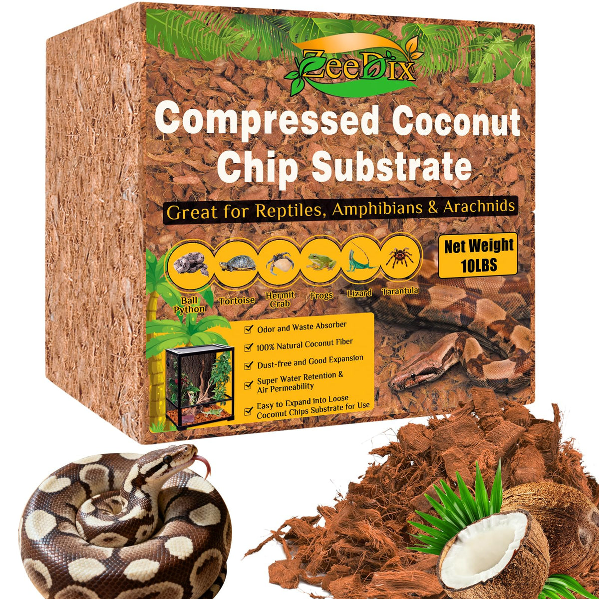 ZeeDix 10LBS Coconut Husk Chip Substrate for Reptiles, 72QT Coco Husk Chips | Organic Coco Coir Chips for Snake Habitat, Reptile Bedding for Ball Python, Tortoises, Geckos, Lizards Terrarium Tanks