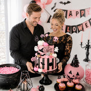 30Pcs Happy Halloween Cake Toppers & Cupcake Toppers for Birthday Party | Pink Halloween Cake Decorations Set with Mini Pumpkins, Witch Hat, Cauldron, Ghost, Flowers and Trees