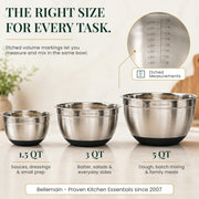 Bellemain Stainless Steel Mixing Bowls with Airtight Lids Set - Set of 3 | Non-slip Silicon Base, Kitchen Essentials for Baking & Serving (Mix, Serve, and Store), Rust-resistant, Dishwasher Safe