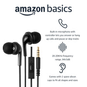 Amazon Basics Wired Earbuds with Microphone, In-Ear Headphones, 3.5mm Jack, High Definition Sound, Secure Fit, 4.2 ft Cable, S/M/L Ear Tips, Black