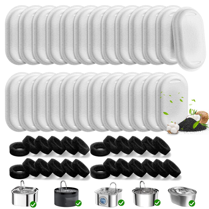 50 Pack Cat Water Fountain Filters for Stainless Steel Pet Water Dispenser | 108/3.2L& 67oz/2L& 4L/135oz Cat/Dog Fountain Filter Replacement(25 Filters & 25 Sponges)