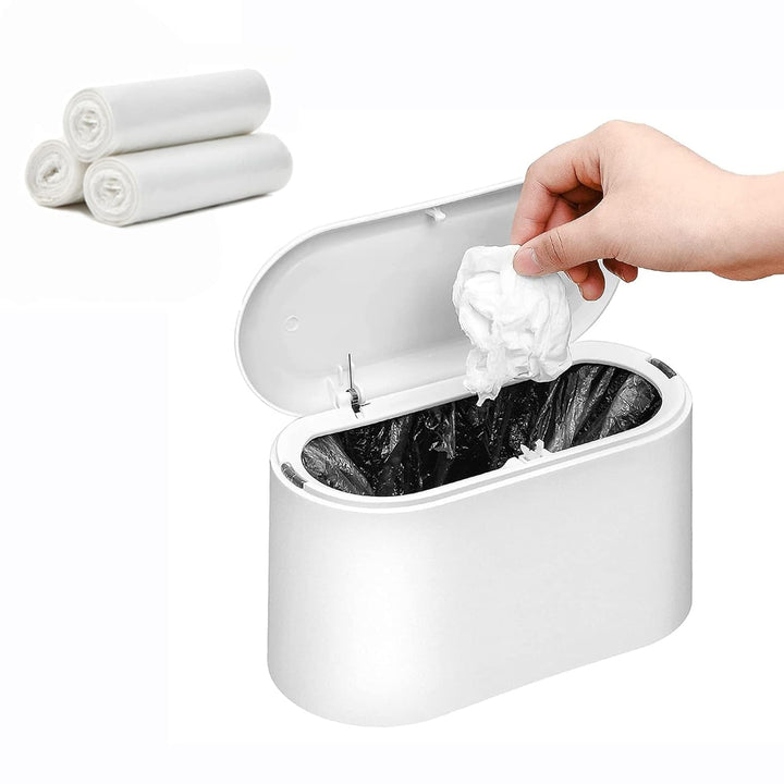SUBEKYU Mini Trash Can with Lid,Small Desk Garbage Can,White 0.56 Gal | Countertop Mini Garbage Cans for Office Kitchen Coffee Table,Tiny Waste Basket,Bonus: 3 Rolls of Garbage Bags