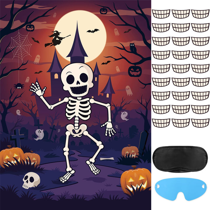 Halloween Games for Kids Party Pin The Teeth on Skeleton with 27 Stickers | Halloween Pin The Tail Game for Classroom Activities Skull Birthday Party Decorations Supplies
