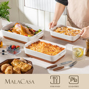 MALACASA Casserole Dishes for Oven, Ceramic Baking Dishes Set of 3, Baking Pan Casserole Dish Set, Rectangular Lasagna Pan Deep with Handles for Baking, Khaki White (14.5''/13''/10.5''), Series TARA