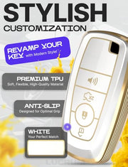 Lucrum Compatible with Ford Key Fob Cover & Keychain | Fits Bronco, Explorer, Edge, Escape, Expedition, Fusion, Mustang, 4 Buttons Keyfob Case (2017-2026) - White and Gold