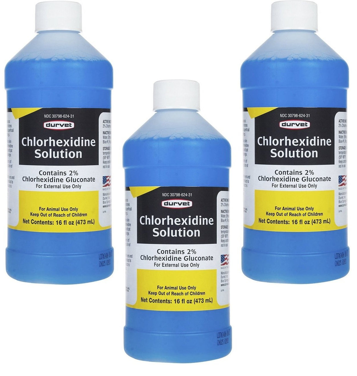 Durvet 3 Bottles of Chlorhexidine Solution, 16 Ounces Each, for Cleaning Superficial Wounds on Dogs and Horses