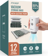 Fygrip Rechargeable Cordless Pump Vacuum Storage Bags, 12 Jumbo | 80% Space Saver Plastic Packaging Bags for Clothes, Travel Luggage & Bedding, Closet Organization