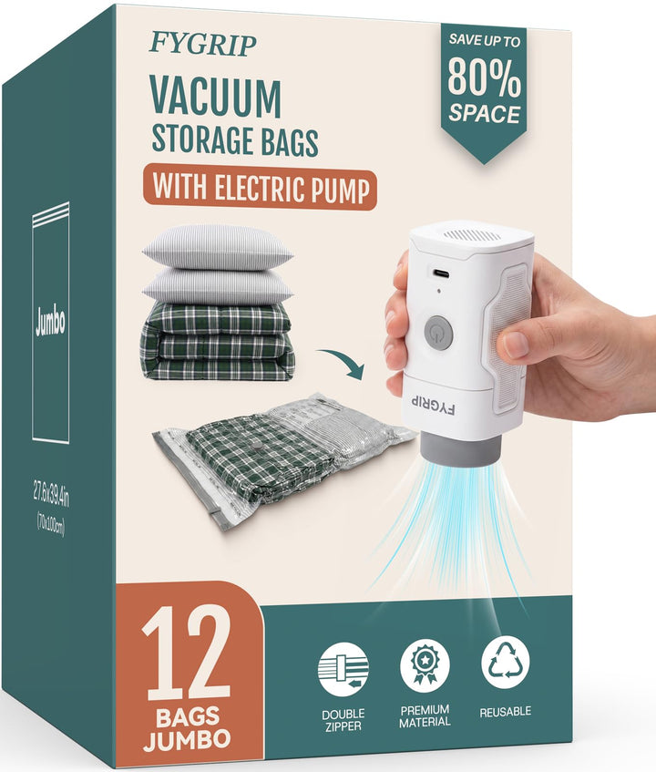 Fygrip Rechargeable Cordless Pump Vacuum Storage Bags, 12 Jumbo | 80% Space Saver Plastic Packaging Bags for Clothes, Travel Luggage & Bedding, Closet Organization