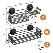LEVERLOC Shower Caddy Suction Cup, 2 Pack Suction Shower Shelf With Hooks | Black Shower Caddies, Soap holder, NO-Drilling Bathroom Holder, Rustproof bathroom organizer