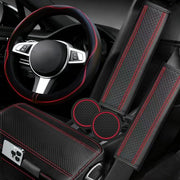 NBTEPEM 6 PCS Car Steering Wheel Cover Set, Microfiber Leather Steering Wheel Covers Universal 14.5-15 inch, Center Console Cover, Seat Belt Cushion, Cup Holder Coaster, Car Accessories Set Red