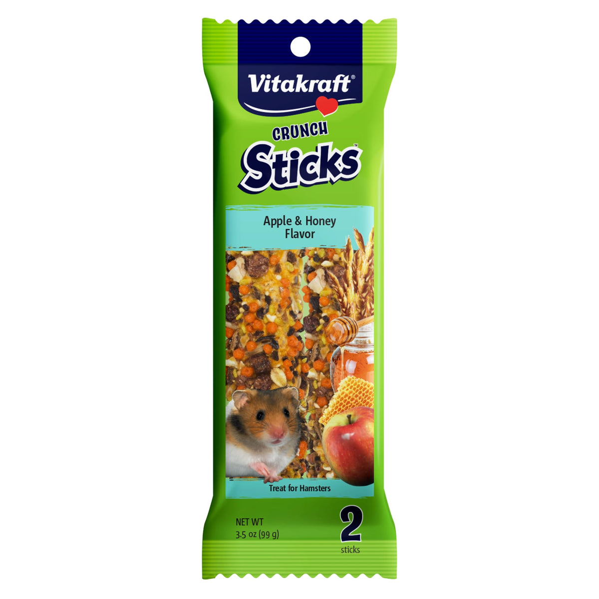 Vitakraft Crunch Sticks Hamster Treat Apple & Honey Flavor - 2 Sticks | Real Dried Fruit, Sweet Honey Coating, Natural Wood Center, Encourages Foraging Chewing, 2 Count Pack