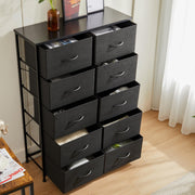 DUMOS 10 Drawer Tall Dresser for Bedroom & Living Room, Black | Fabric Storage Dresser Tower with Bins, Anti-Tip, Chest Organizer Unit, Steel Frame, Wood Top, Easy Pull Handle