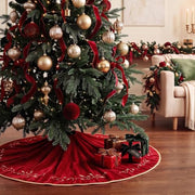 Bunny Chorus Christmas Tree Skirt, 48 inches Red Luxury Velvet Plush Fur Skirts with Gold Embroidered Holly Leaf for Rustic Xmas Tree Holiday Decorations