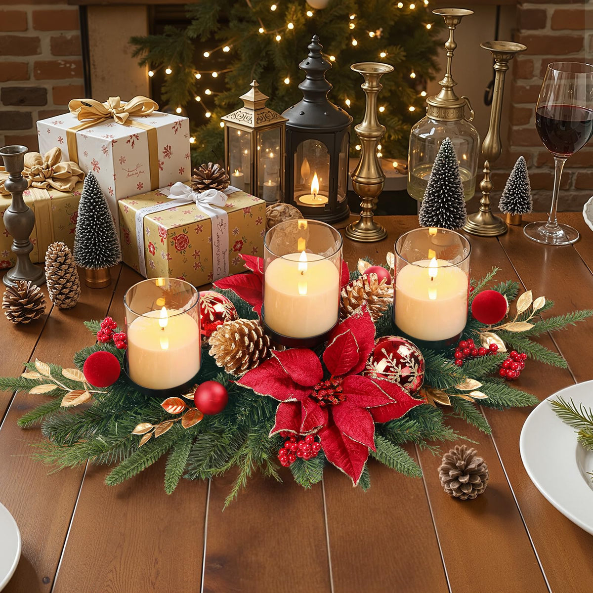 Alupssuc 28" Red Gold Christmas Centerpiece with 3 Candle Trays,1 Pcs | Candle Holders Trays,Dining Table Decoration with Baubles, Pine Cones, Red Berries, Spruce Branches, Flower for Christmas