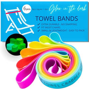TOWEL CRABBER Towel Bands (6-Pack), Beach Pool & Cruise Chairs, Extra Durable, Cruise Ship & Beach Essentials, Alternative to Beach Towel Clips (3 Regular + 3 Glow in The Dark)