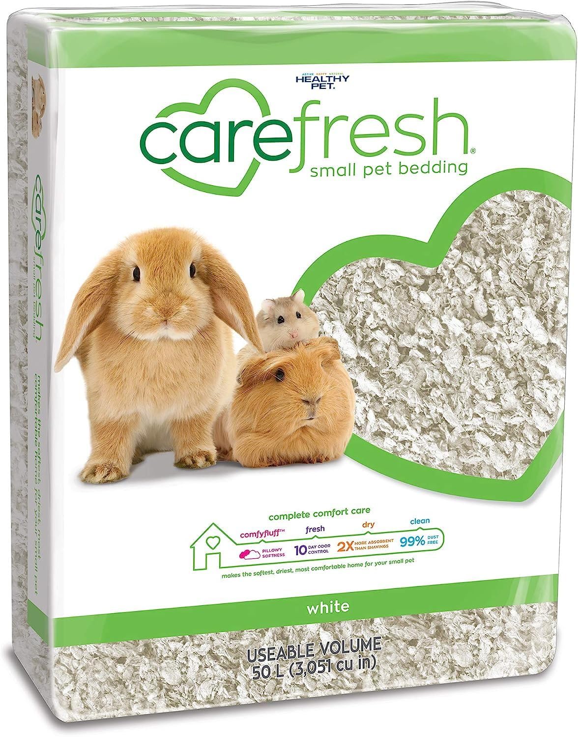 Carefresh White Natural Paper Small Pet Bedding, Odor Control 50L | 2X more absorbent, 99% dust free, odor control, Biodegradable, compostable, For hamsters, rabbits and guinea pigs