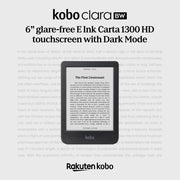 Kobo Clara BW | eReader | 6” Glare-Free Touchscreen with ComfortLight PRO | Dark Mode Option | Audiobooks | Waterproof | 16GB of Storage | Black