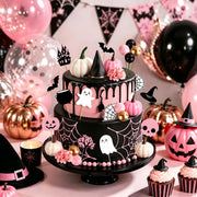 30Pcs Happy Halloween Cake Toppers & Cupcake Toppers for Birthday Party | Pink Halloween Cake Decorations Set with Mini Pumpkins, Witch Hat, Cauldron, Ghost, Flowers and Trees