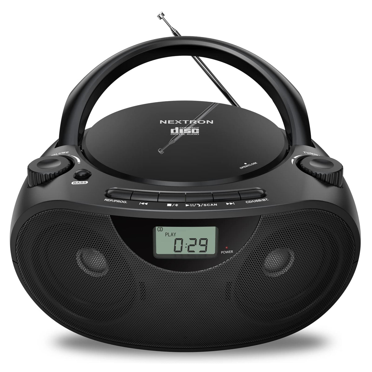 Nextron Portable CD Player Boombox with Bluetooth, AM/FM Radio & USB | CD-R/RW, MP3-CD & USB Playback, Stereo Sound, Bass Boost, AUX Input, Headphone Jack, LCD Display, AC/Battery Powered - Black