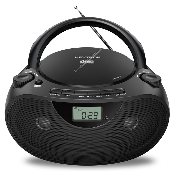 Nextron Portable CD Player Boombox with Bluetooth, AM/FM Radio & USB | CD-R/RW, MP3-CD & USB Playback, Stereo Sound, Bass Boost, AUX Input, Headphone Jack, LCD Display, AC/Battery Powered - Black