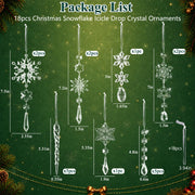 Crystal Christmas Tree Ornaments, Clear Acrylic Snowflake & Icicle, 18pcs | Faceted acrylic catches and reflects tree lights with icy sparkle, creating a crystal-like glow on snowflake & icicle shapes