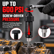 Industrial Grease Unclogger, Grease Fitting Cleaning Tool with Adapters | Up to 600 PSI Applies Focused Pressure to Hardened Grease, with M6, M8, and M10 Connections for Equipment Maintenance