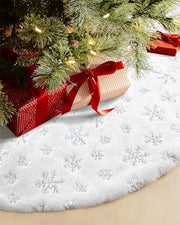 COOLWUFAN 48 Inches Faux Fur Christmas Tree Skirt, Silver Sequin Snowflake | White Christmas Tree Skirt Decor for Holiday Parties and Seasonal Home Decorating