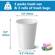 Lysam Bathroom Trash Can 3 Pack, 1.8 Gallon Small Trash Can with Trash Bags | Garbage Can for Bedroom Living Room, Open-Top|Sturdy Bin Indoor, Round Waste Basket for Office|Studio, Compact Spaces (White)